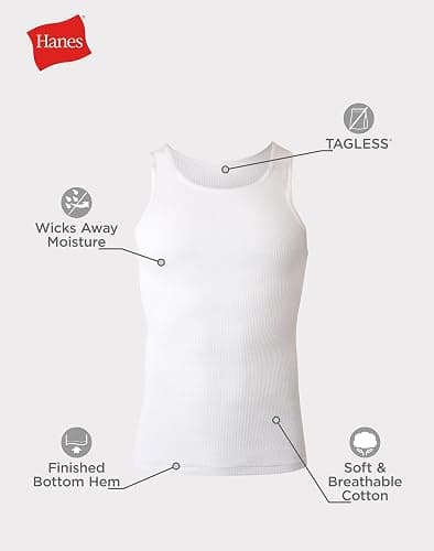 Hanes Men's Tank Undershirt Pack, Cotton Tank Undershirt, Moisture-Wicking, Breathable, White or Grey/Black, Multi-Pack thumbnail 7