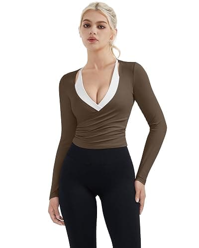 SUUKSESS Women Pilates Wrap Workout Cropped Top Ribbed Long Sleeve V Neck Tie Front Ballet Yoga Shrug Blouse - Image 1