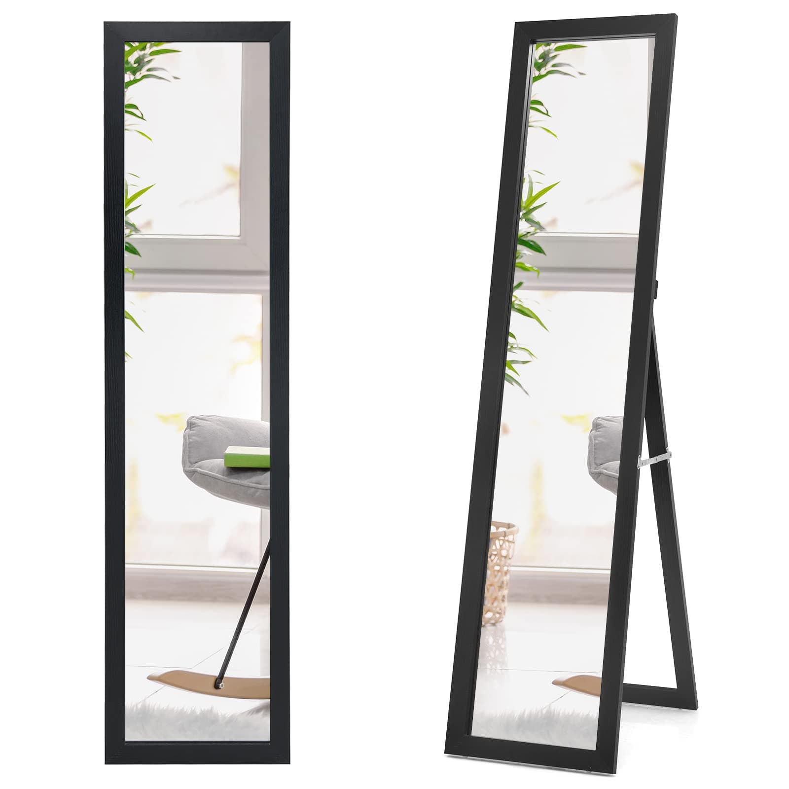 Giantex Full-Length Wood Mirror, Standing Mirror & Wall Mirror, Country House Style Cloakroom Mirror w/Wooden Frame, Free-Standing, for Bedroom, Living Room, Clothing Store (Black) thumbnail 9