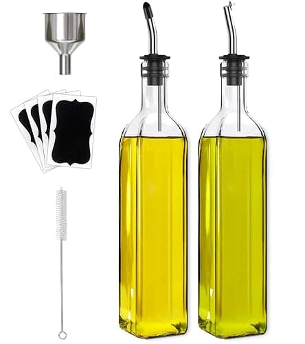 Leaflai Olive Oil Dispenser Bottle, 2 Pcs Glass Olive Oil Dispenser and Vinegar Dispenser Set with 2 Stainless Steel Pourers, 4 Labels,1 Brush and 1 Funnel Oil Bottles for Kitchen (500ml) - Image 1