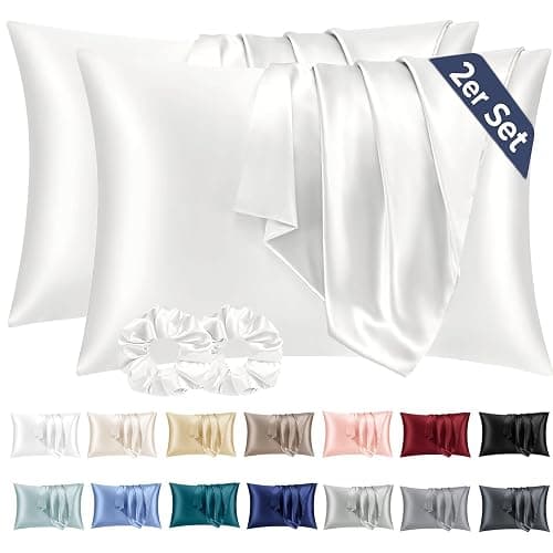 Vielit 2 Piezas Funda Almohada Satén 70x40 Crema, Suave Como la Seda, para el Cabello y la Piel - Con 2 Elásticos para el Cabello - Image 1