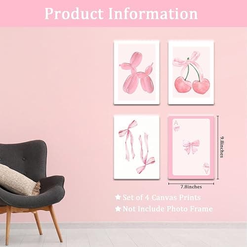 Onperpoe 4 Pink Posters Set Canvas Wall Art Preppy Room Decor Aesthetic Bow Cherry Balloon Puppy Poker Poster Wall Art Aesthetic Posters Coquette Room Decor (Pink Cherry) thumbnail 3