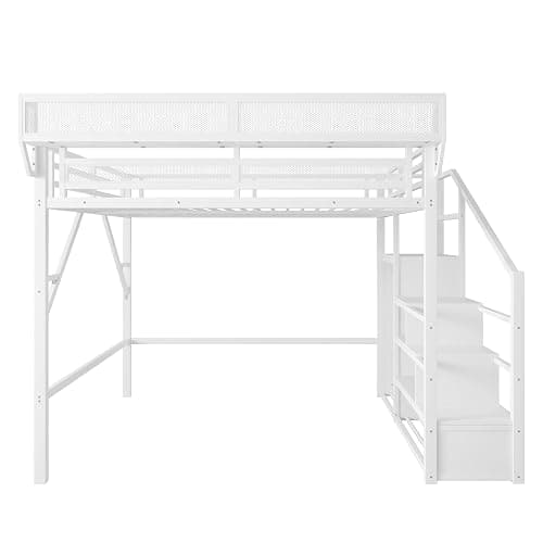 KEIKI Queen Size Metal Loft Bed Frame with Convertible Staircase, Built-in Storage Shelves and Wardrobe, Loft Bed with Solid Slats, Guardrail, No Box Spring Required, Easy Assembly, for Bedroom, White thumbnail 7