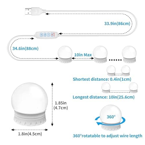 LED Vanity Mirror Lights with 14 Dimmable Bulbs, 3000K 4500K 6500K & 10 Brightness Levels Adjustable, Plug in USB Cable, Hollywood Style Stick On Mirror Lights for Makeup Desk Bathroom Dressing Room thumbnail 3