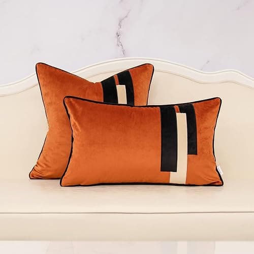 Yangest Burnt Orange Decorative Velvet Throw Pillow Cover Striped Patchwork Cushion Case Modern 18x18 Inch Pillowcase for Sofa Couch Bedroom Living Room Home Decor - Burnt Orange - 18" x 18" (Pack of 1) thumbnail 5