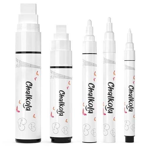 Chalkola 5 White Chalk Markers for Chalkboard Signs, Blackboard, Car Window, Bistro, Glass | 5 Variety Pack - Thin, Fine Tip, Bold & Jumbo Size Erasable Liquid Chalk Pens (1mm, 3mm, 6mm, 10mm, 15mm) - Image 1