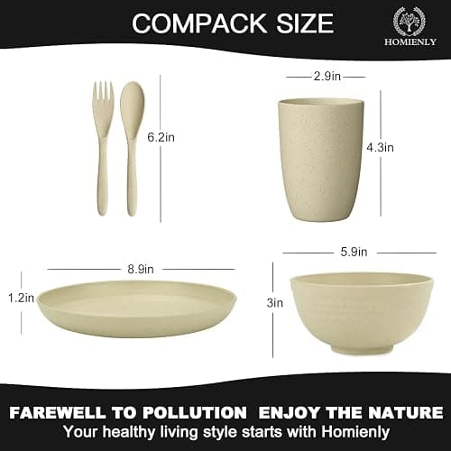 Homienly Wheat Straw Dinnerware Sets, 20pcs Lightweight Unbreakable Dinnerware, Microwave Dishwasher Safe Bowls Cups Forks Spoons set,Perfect for Camping Outdoor, Beige thumbnail 2