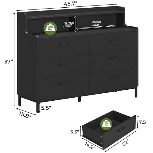 Hasuit Black Dresser for Bedroom with 6 Drawers and Storage Shelves, Wide Chest of Drawers with Sturdy Steel Legs, Large Wooden Storage Tower Dresser Organizer, Dressers for Bedroom, Clost, Entryway thumbnail 7