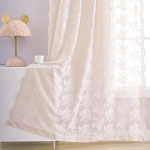 YJ YANJUN Vintage Lace Curtains 84 Inches Long-Victorian Floral Dusty Pink Sheer Curtain Panels for Living Room Bedroom Dining Room, Light Filtering, Shabby Chic Girls Drapes 2 Panels 52W x 84L - Image 1