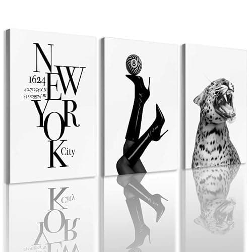 XVKMXDPD 3Pcs Trendy Black and White Cheetah Canvas Wall 12inx16in Fram | Black High Heels posters New York Typography wall decor Lucky 8 Ball leopard printCanvas Wall for Living Room Bedroom Office - Image 1