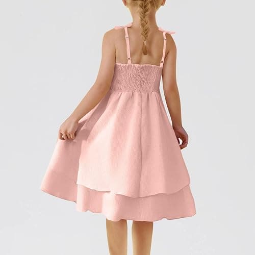 duxyoz Girl's Summer Dresses Spaghetti Strap Swing Pleated Cotton Dress Tween Kids Flowy Front Ruched Boho Beach Casual Midi Sundress for Princess Birthday Party Wedding Prom Gown thumbnail 2