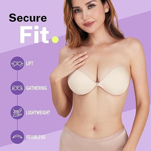 Invisible Strapless Sticky Bra Push up for Women, Ultra Adhesive Bra for Backless Dress, Cleavage Bra Lift Novelty Bras (B Cup, Light Beige) thumbnail 3