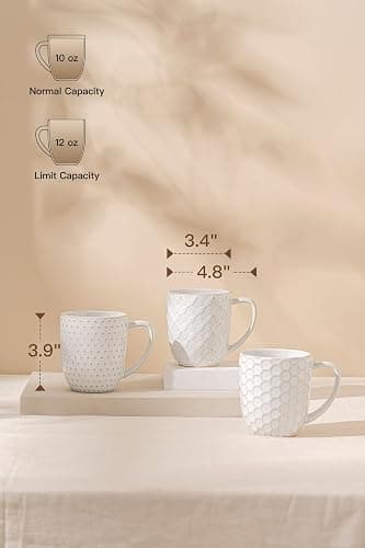 FOBENTA Ceramic Coffee Mugs Set of 4, 12oz Embossed Cups with Elegant Patterns – A Thoughtful Gift for Women, Mom, or Friends,Perfect for Tea, Latte, Cocoa (Arctic White, 12 OZ) thumbnail 2