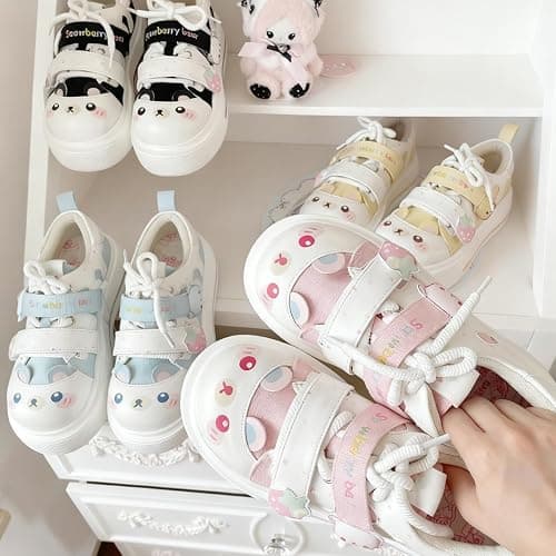 OJQIH Strawberry Bear Sneakers for Women Kawaii Canvas Shoes Cute Lolita Style Hook-and-Loop Strap Aesthetic Platform Loafers Girls Fancy Casual Walking thumbnail 7