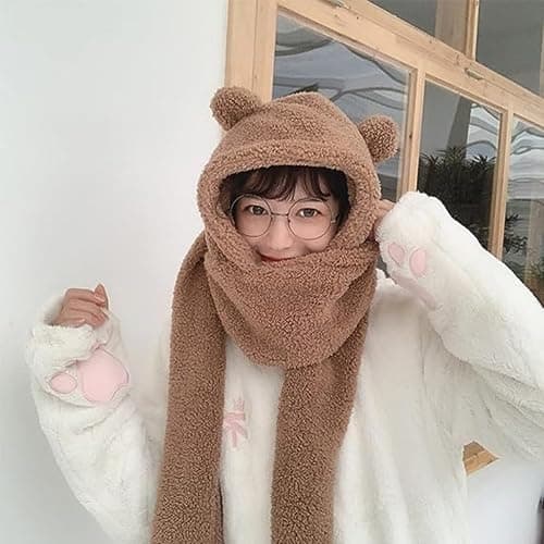 Women Kawaii Bear Ear Beanie Hat Scarf 2 in 1, Cute Winter Warm Sherpa Thicken Fleece Fuzzy Japanese Fluffy Knit Hat thumbnail 3