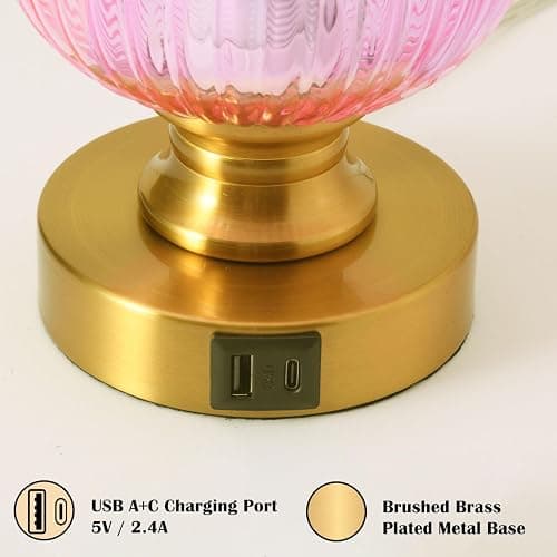 MAINDECO Mid Century Glass Table Lamp,Dimmable Desk Lamp,LED Bulb Included,Touch Control & USB A+C Port,Pink Ribbed Glass thumbnail 8