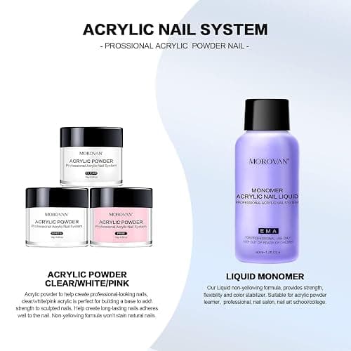 Morovan Acrylic Nail Kit: Clear Pink White Powder and Professional Liquid Set for Nail Extension - DIY at Home With Brush for Beginners | Clear, Pink, White, Powder, Nail Extension, DIY at Home, With Brush thumbnail 5