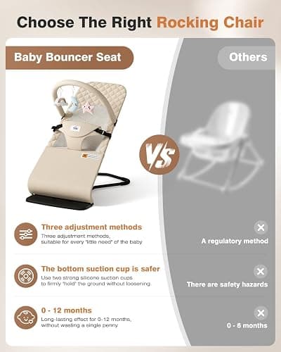 Feeplas Baby Bouncer, Bouncer Seat for Babies 0-12 Months, Ergonomic Rocking Chair with Detachable Hanging Bar, 3-Height Adjustments, Foldable & Portable Infant Rocker, Machine Washable Fabric, Beige thumbnail 7