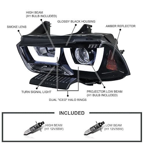 SPEC-D TUNING Dual Halo LED Glossy Black Smoke Projector Headlights Compatible with 2011-2014 Dodge Charger, Left + Right Pair Headlamps Assembly thumbnail 4