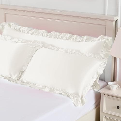 NSGZ Ruffled Satin Pillowcase Set of 2, Standard 20x26 Inch, Ivory White | 3-Inch Ruffled Edge Design, Friction-Reducing Satin For Hair And Skin Care, Envelope Closure, Easy Machine Wash thumbnail 3