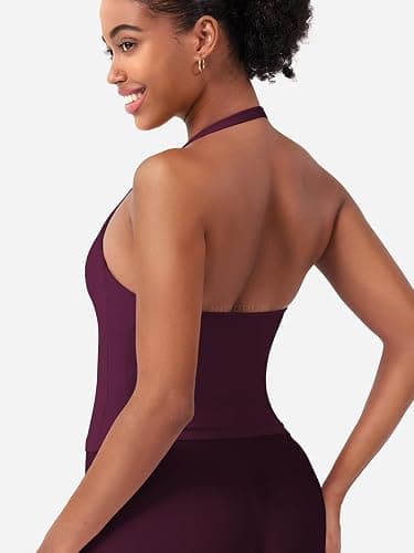 HIGORUN Halter Impact Tank Tops for Women Y2K Workout Longline Crop Tops with Built in Bras Open Back Going Out Gym Top thumbnail 5