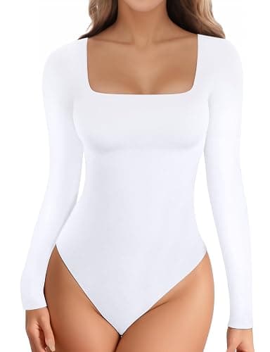 YOGINGO Long Sleeve Square Neck Bodysuits for Womens, Body Suits Tops Going Out Basic Leotards Slim Fitted Outfits Shirt - Image 1
