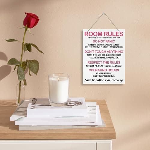 Wooden Room Rules Plaque, Funny & Cute for Teen Girls' Bedroom, Pink Wall Decor & Birthday Gift thumbnail 5