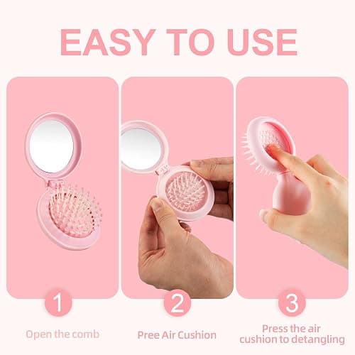 Jurrissa Folding Hair Brush with Mirror for Women Men and Kids，Portable Compact Hair Brush for Purse Pocket Bags, Travel Size Foldable brush with Case, Easy to Carry(Pink) thumbnail 8