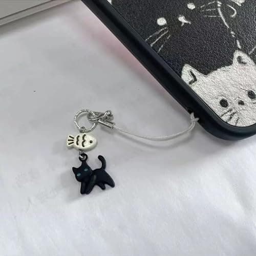 PUCAPOCO Black Cat Phone Charm Cute Kawaii Cat Fish Phone Bag Charm Accessories thumbnail 4