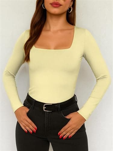 ForeFair Women Square Neck Long Sleeve Going Out Tops Tight Double Lined Basic Tees Shirt thumbnail 7