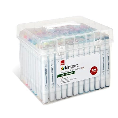 KINGART® 424-120 PRO Double-Ended Alcohol Ink Art Markers, 120 COLORS, Fine Point & Chisel Tips, Permanent with Superior Blendability, Includes Plastic Case. 120 Pc.