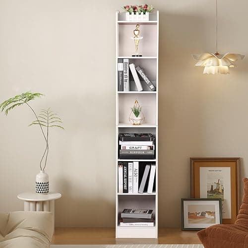balurukt 70.9 Inch Tall Narrow Bookcase,6 Tier Bookshelves,Floor Standing Storage Cabinet,Corner Bookshelf with Storage,Shelves Display shelves for Living Room Bedroom Kitchen Office - White thumbnail 3