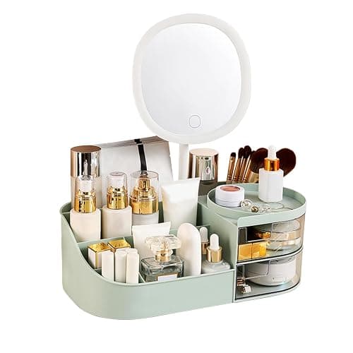 DASITON Makeup Organizer with Rechargeable Mirror,Makeup Brush Holder with 2 Drawers,Skincare and Cosmetics Organizer Countertop,Large Capacity Cosmetic Display Case for Vanity,Bedroom,Bathroom(Green) - Image 1