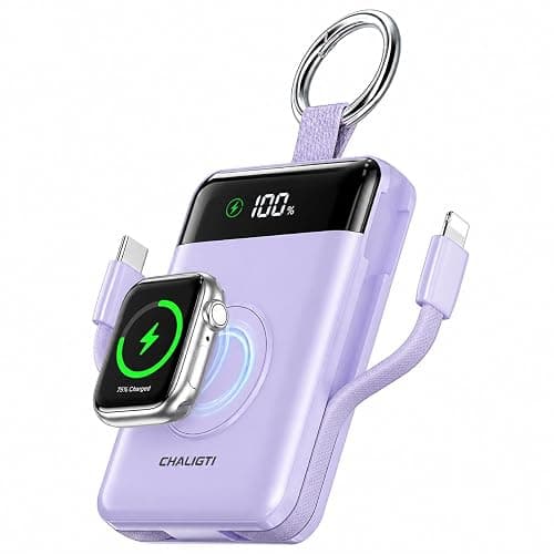 CHALIGTI 5000mAh Portable Charger w/Display,20W Power Bank&iWatch Charger | Super Fast Charging,Built-in Cables,Travel Keychain Battery Pack for Apple Watch 1~11 Series/Ultra/SE,iPhone Air/12~17,Purple - Image 1