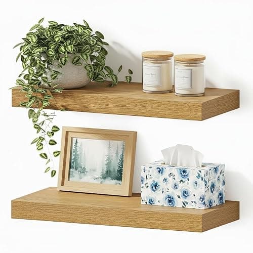 Vivelove Floating Shelves for Wall Mounted, 16 inchs Shelf for Small Bathroom, Bedroom, Living Room, Kitchen, Modern Home Decor, Rustic Farmhouse Wall Shelves with Invisible Brackets - Set of 2, Oak - Image 1