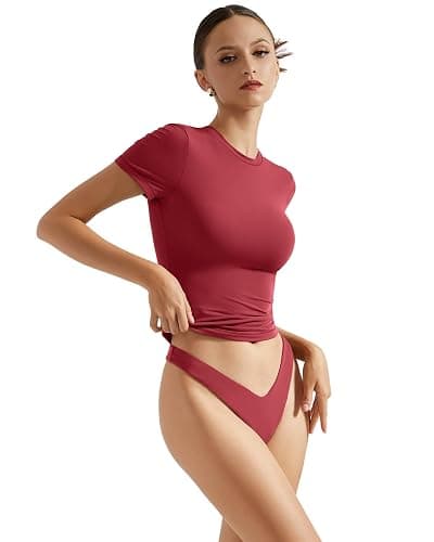 SUUKSESS Women Double Lined Fitted Basic Tee Crew Neck Short Sleeve Y2K Crop Top thumbnail 4
