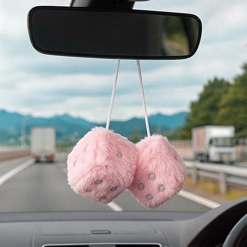 Fuzzy Plush Dice for Car Mirror, Pair of Retro 3” Light Pink Dice with White Dots for Car Interior Hanging Ornament Decoration (Light Pink) thumbnail 4