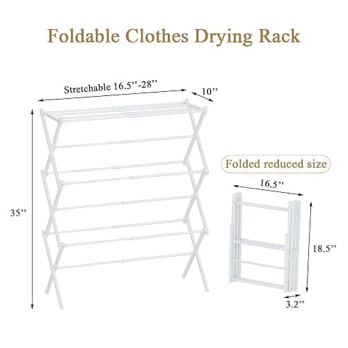 STARLATTA Foldable Drying Rack Clothing, 3-Tier Portable Clothes Drying Racks for Indoor & Outdoor, Anti-Rust Compact Laundry Rack Collapsible, White 28" D x 10" W x 35" H thumbnail 3