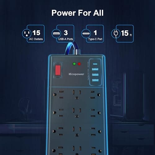 Surge Protector Power Strip 15 ft cord-15 Widely Spaced Outlets and 4 USB Ports(1 USB C Port),14 AWG Extension Cord,1875W/15A Heavy Duty Power Strip Surge Protector 15 ft Cord,2800J,Black thumbnail 2