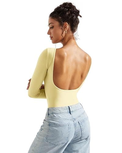 SUUKSESS Women Backless Y2k Long Sleeve Bodysuit Double Lined Open Back Sexy Basic Top thumbnail 3