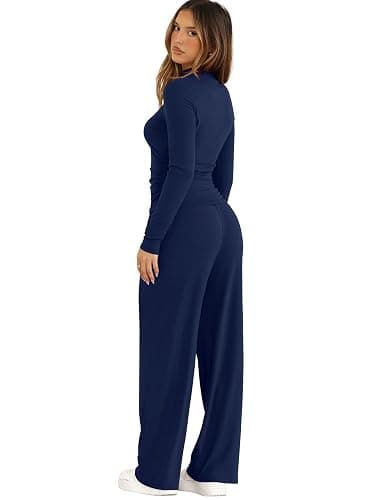 Sampeel Two Piece Lounge Set for Women 2 Piece Fall Outfits 2025 Mock Neck Ruched Tops Wide Leg Pants Travel Airport thumbnail 6