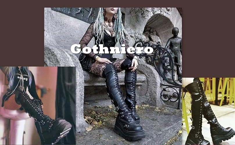 Gothniero Black Platform Boots Over Knee Thigh High Goth Boots for Women Chunky Heel Rave Motorcycle Boots with Buckles Side Zip Lace Boots Size5.5-10 thumbnail 7