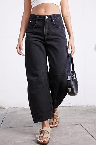 GREAIDEA Mid Rise Barrel Jeans for Women Wide Leg Mid Waist Cropped Denim Pants Y2k Baggy Boyfriend Jeans with Pockets thumbnail 5