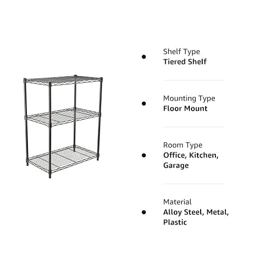 Amazon Basics 3-Shelf Adjustable Heavy Duty Steel Wire Rack Storage Shelving Organizer for Kitchen, Garage, 23.2" L x 13.4" W x 30" H, Black - 3-Shelf - No Wheels - Black thumbnail 6