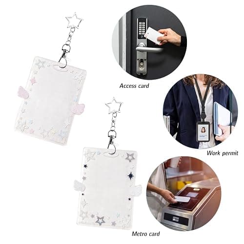 2 PCS Angel Wing Photocard Holder - Kpop Photo Card Holder Keychain|Clear Acrylic ID Badge Case for Student & Bus Cards (Pink & White) thumbnail 4