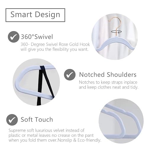 MIZGI Premium Velvet Hangers (50 Pack) Heavy Duty - Non Slip Felt Hangers - Velvet Suit Hanger Light Blue - Rose Gold Hooks,Space Saving Clothes Hanger thumbnail 4