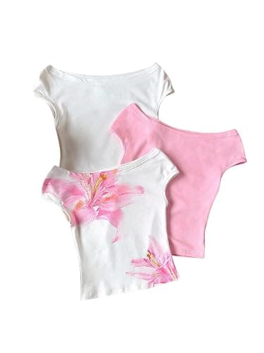 WDIRARA Girl's 3 Pack Floral Off The Shoulder T Shirts Cap Sleeve Tee Fitted Tops - Image 1