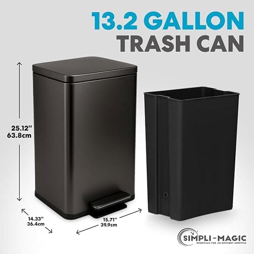 Simpli-Magic 13.2 Gallon (50L) Step Trash Can – Kitchen Garbage Can with Slow-Close Lid – Odor Control, Hands-Free, Easy to Clean, Brushed Stainless Steel thumbnail 3