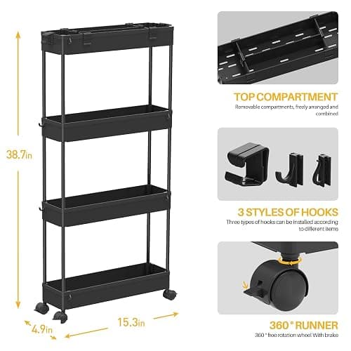 SPACELEAD Slim Storage Cart 4 Tier,Bathroom Organizer Rolling Utility,Mobile Shelving Unit Slide Out for Office, Kitchen, Laundry Room & Narrow Places,Black thumbnail 2