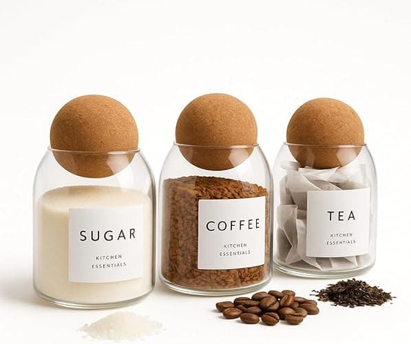 Livabl Tea Coffee and Sugar Canisters Set - Set of 3 Unique Cork Ball 500ml Glass Jars - Perfect Sugar Tea Coffee Set Organiser - Image 1